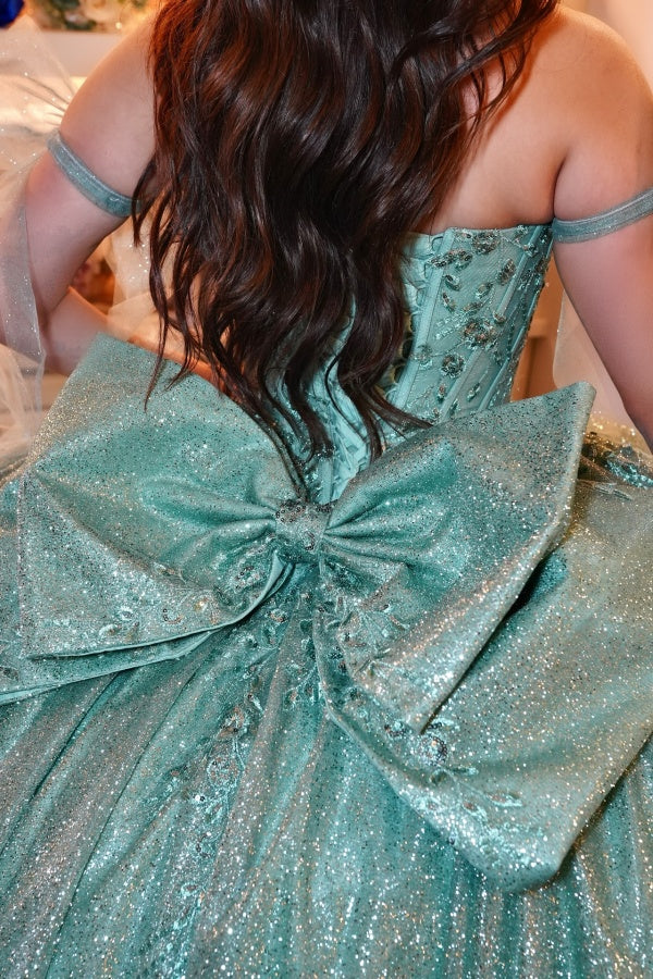 Off Shoulder Sleeveless Green Quinceañera Dress with Sequins Appliques Pleated Bow Knot