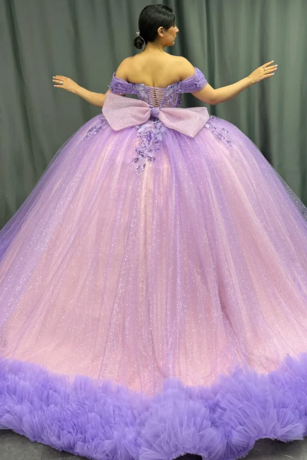 Off Shoulder Sleeveless Lilac Quinceañera Dress with Beaded Sequins Appliques Bow Knot