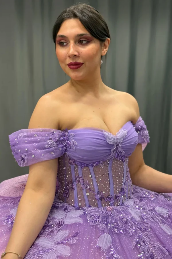 Off Shoulder Sleeveless Lilac Quinceañera Dress with Beaded Sequins Appliques Bow Knot
