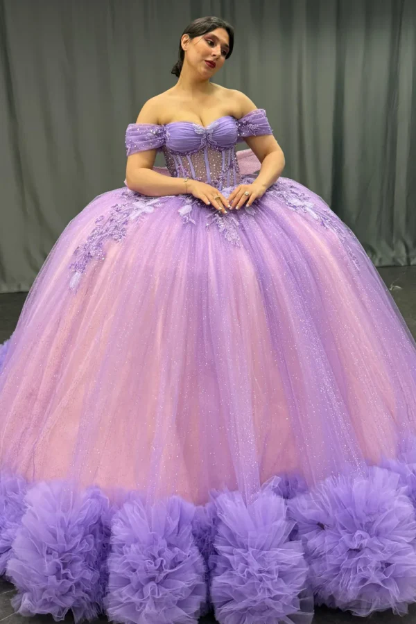 Off Shoulder Sleeveless Lilac Quinceañera Dress with Beaded Sequins Appliques Bow Knot
