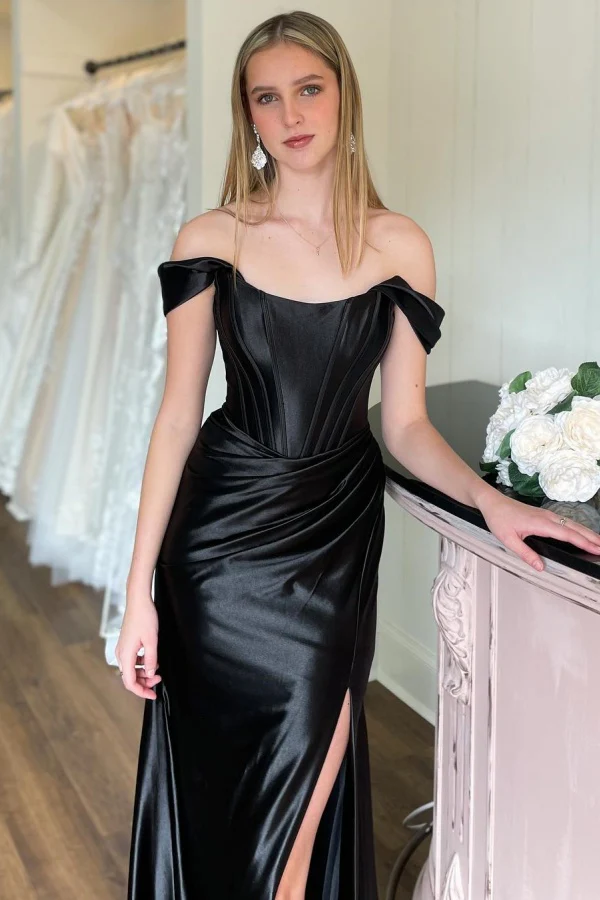 Off Shoulder Sleeveless Pleated High Side Slit and Train Prom Party Dress