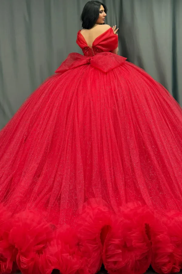 Off Shoulder Sleeveless Red Sweet 15 Quinceañera Dress with Beaded Applqieus Bow Knot