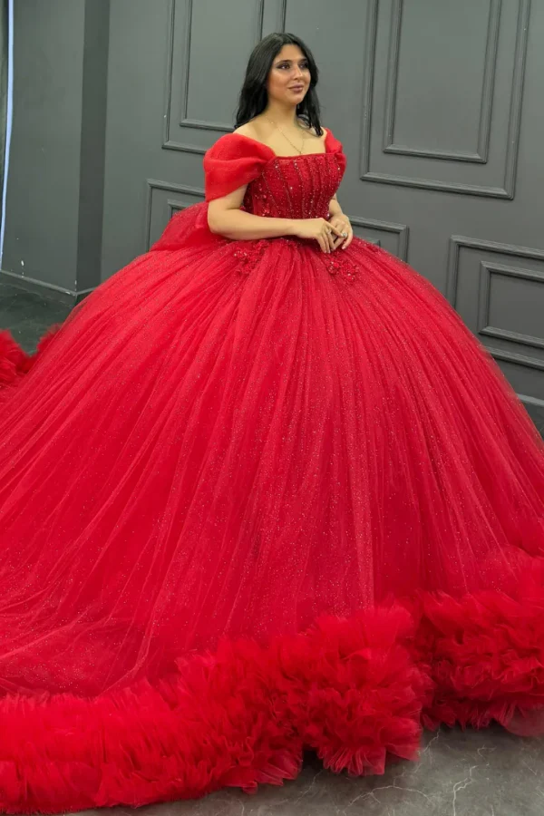 Off Shoulder Sleeveless Red Sweet 15 Quinceañera Dress with Beaded Applqieus Bow Knot