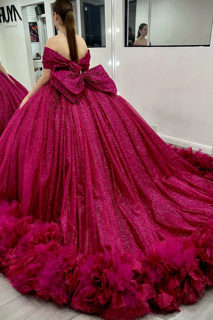 Off Shoulder Sleeveless Ruffles Tiered Bow Knot Fuchsia Sweet 15 Quinceañera Dress