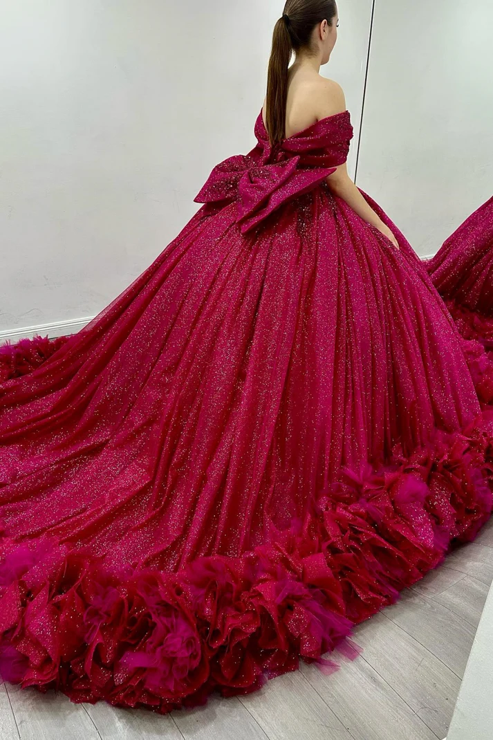 Off Shoulder Sleeveless Ruffles Tiered Bow Knot Fuchsia Sweet 15 Quinceañera Dress