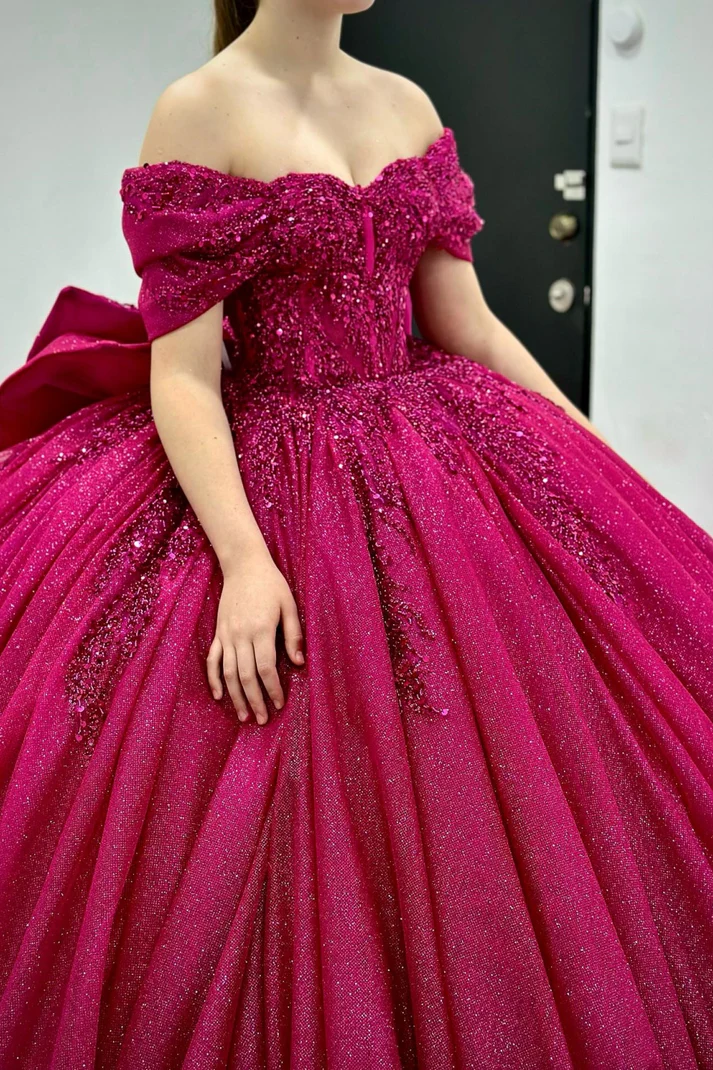 Off Shoulder Sleeveless Ruffles Tiered Bow Knot Fuchsia Sweet 15 Quinceañera Dress