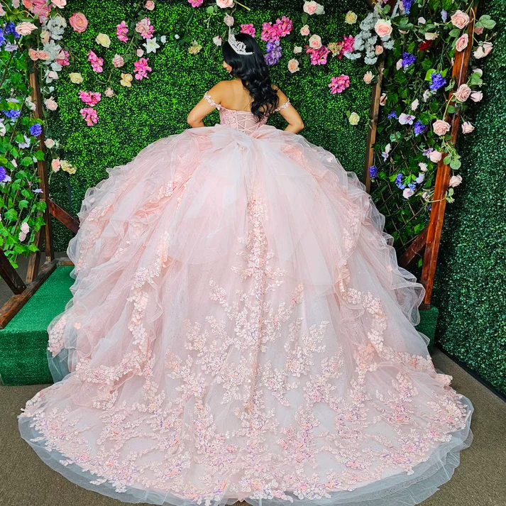 Off Shoulder Sleeveless Sequins Appliques Ruffles Pink Sweet 15 Quinceañera Dress