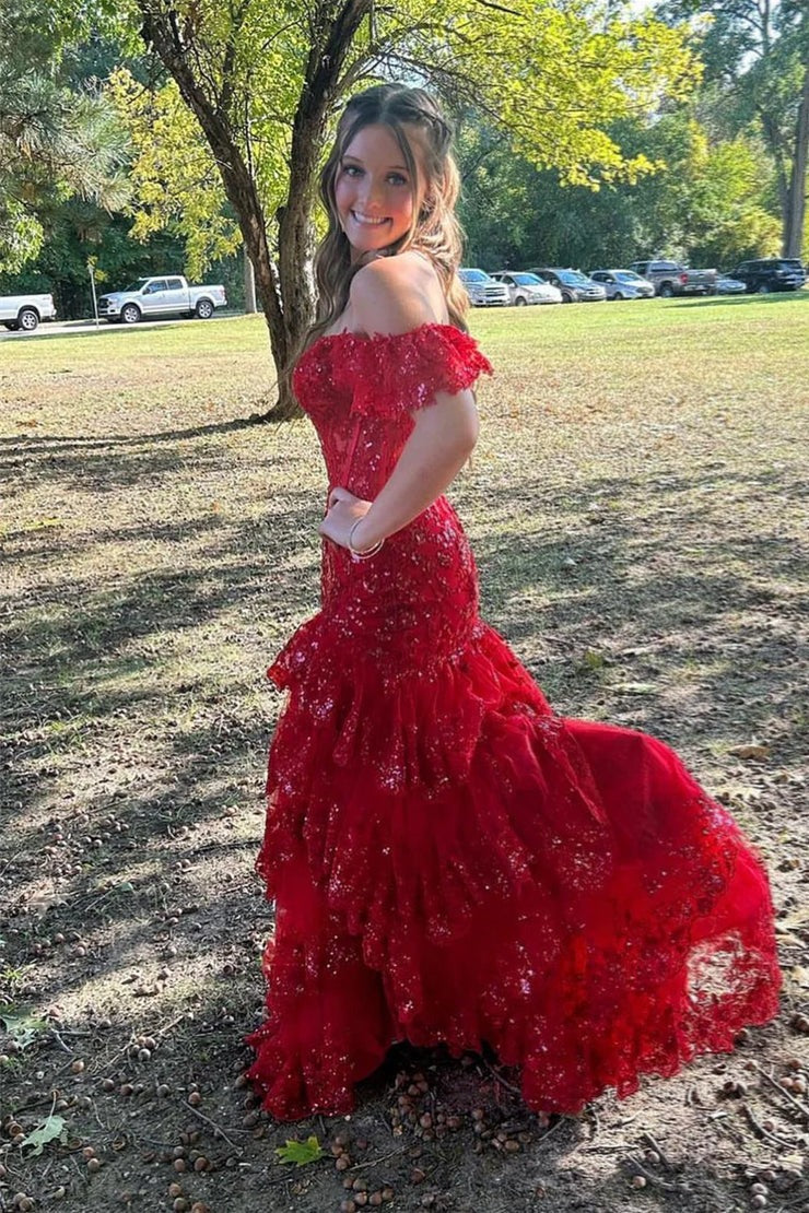 Off the Shoulder Red Lace Sequins Mermaid Prom Dress