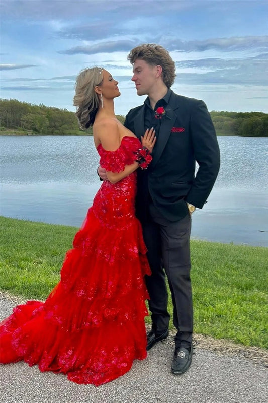 Off the Shoulder Red Lace Sequins Mermaid Prom Dress