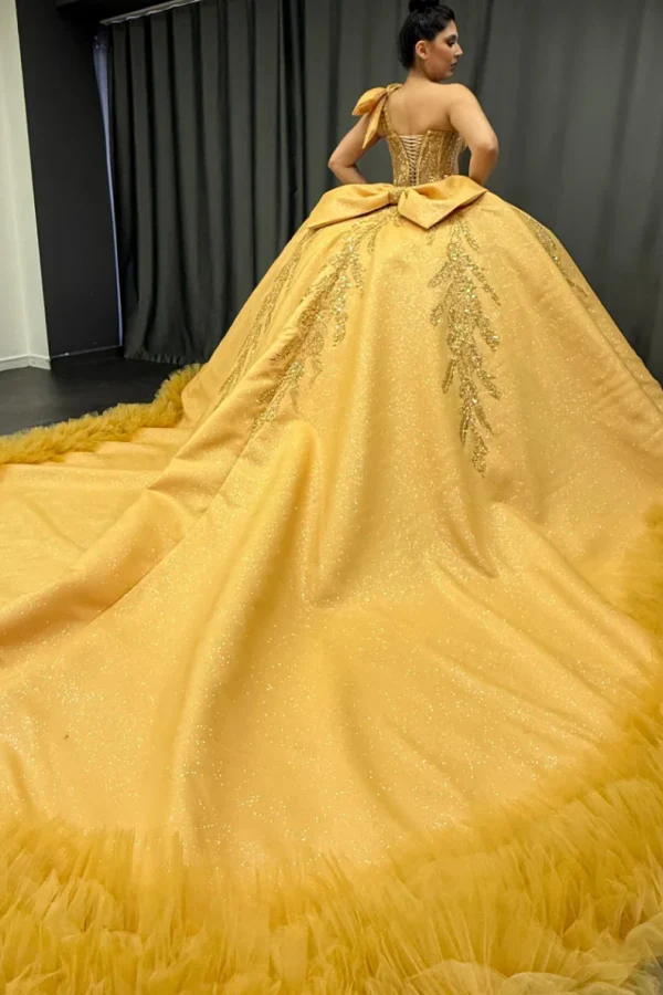 One Shoulder Sleeveless Beaded Yellow Quinceañera Dress with Bow Knot