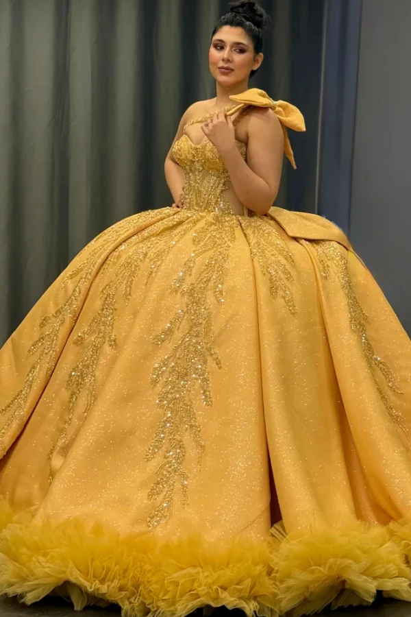 One Shoulder Sleeveless Beaded Yellow Quinceañera Dress with Bow Knot