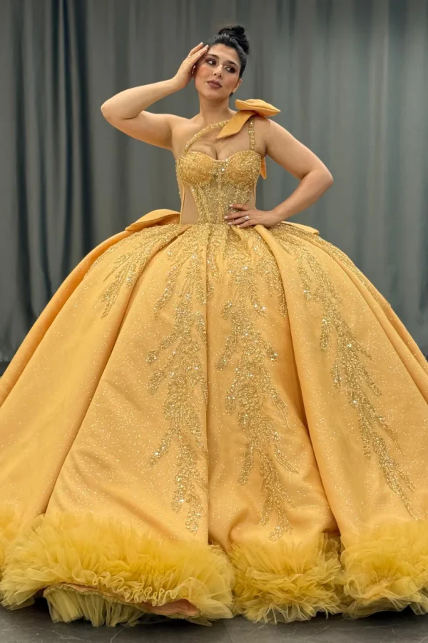 One Shoulder Sleeveless Beaded Yellow Quinceañera Dress with Bow Knot
