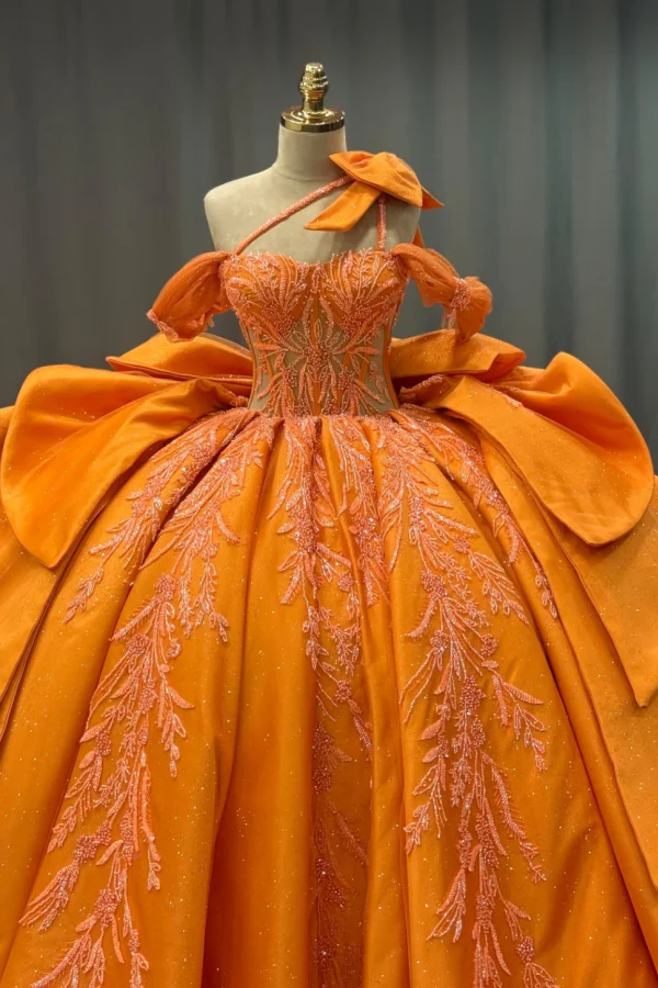 One Shoulder Sleeveless Sweet 15 Quinceañera Dress with Beaded Appliques Bow Knot