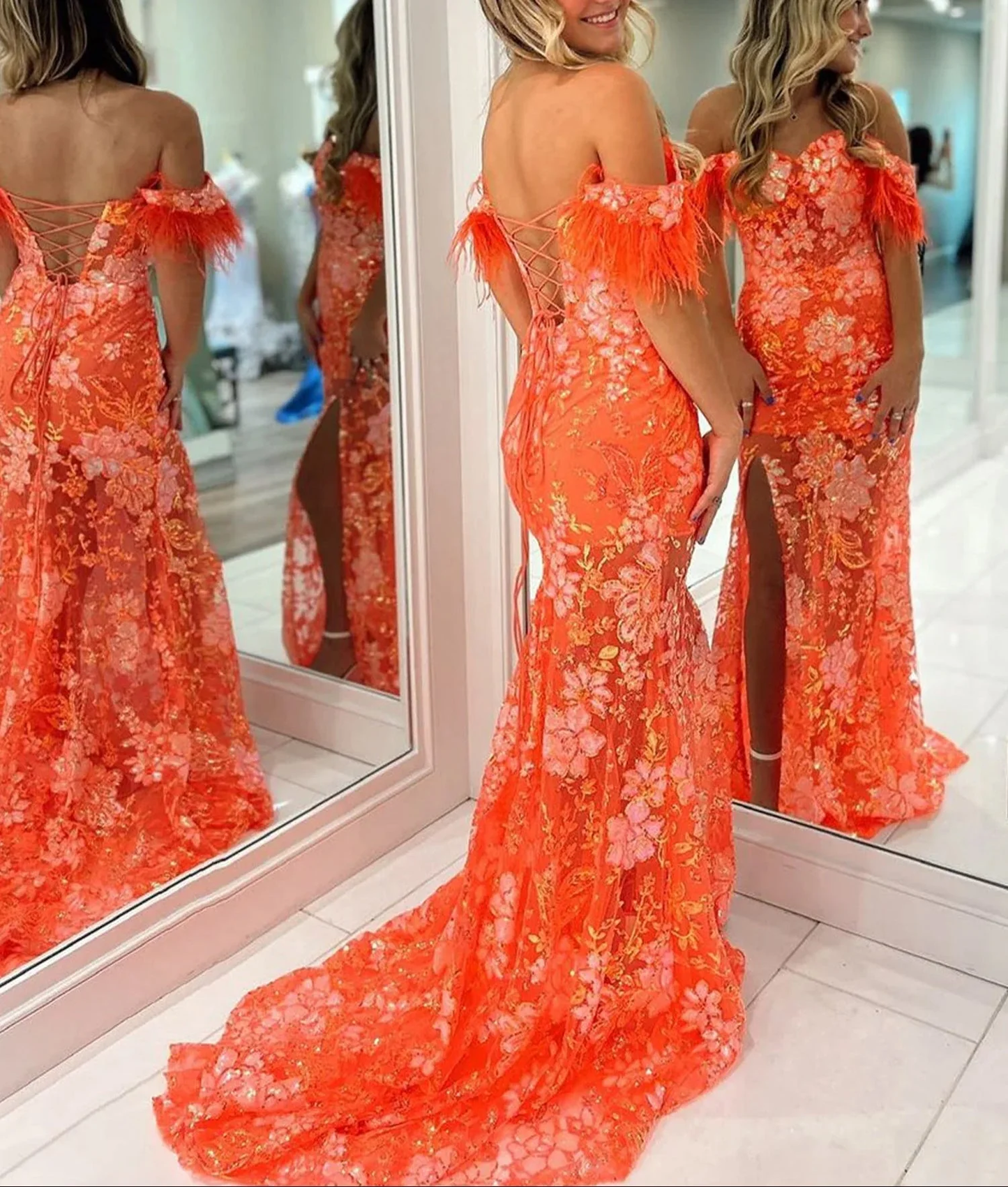 Orange Sweetheart Mermaid Lace Long Prom Dresses With Split