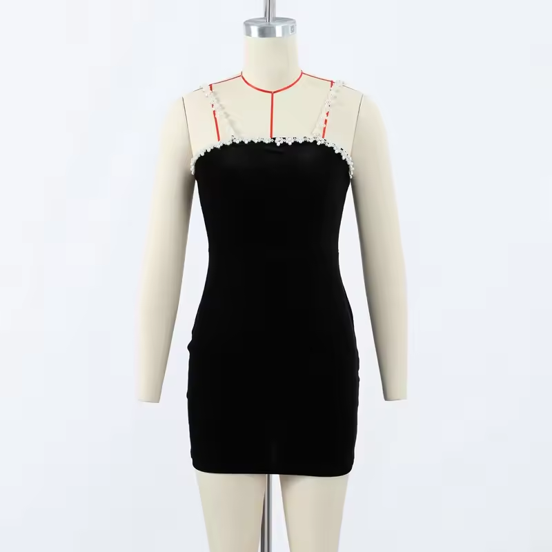 Pearl Velvet Mini Slip Dress Black Halter Sexy Slim Fit Waist Cinched Socialite Party Evening Gown Women Short A-Line Dresses