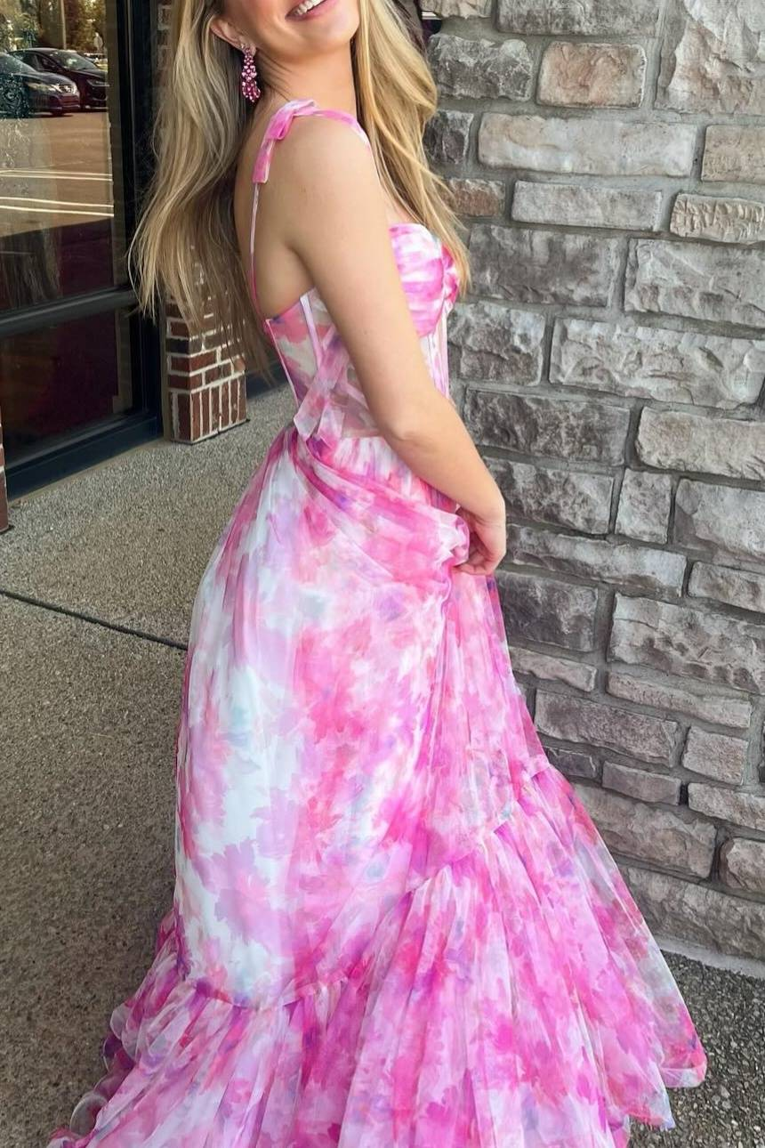 Pink Floral Print Corset A-Line Long Prom Dress with Bow Tie Straps