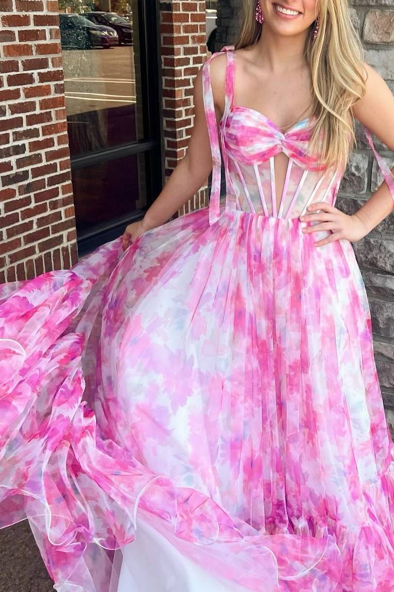 Pink Floral Print Corset A-Line Long Prom Dress with Bow Tie Straps