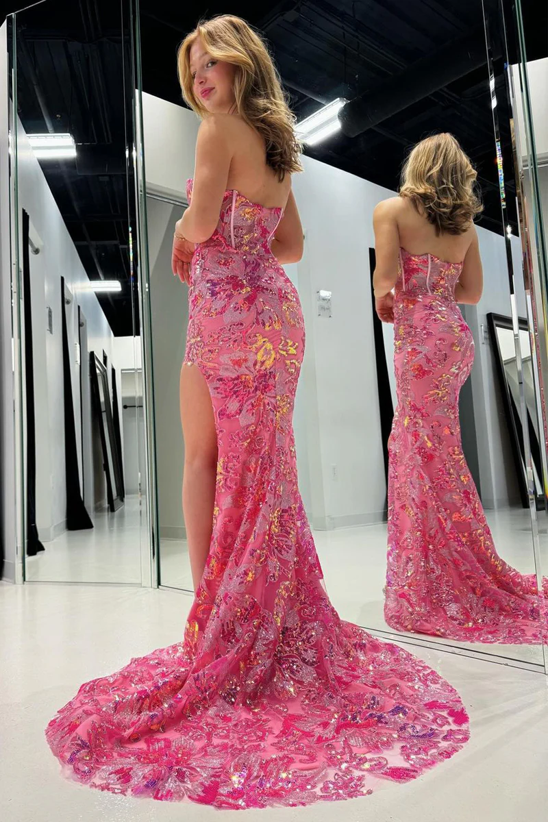 Pink Strapless Sequin Lace Mermaid Long Prom Dresses with Slit