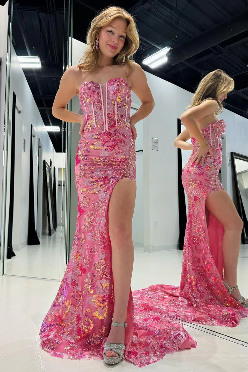 Pink Strapless Sequin Lace Mermaid Long Prom Dresses with Slit