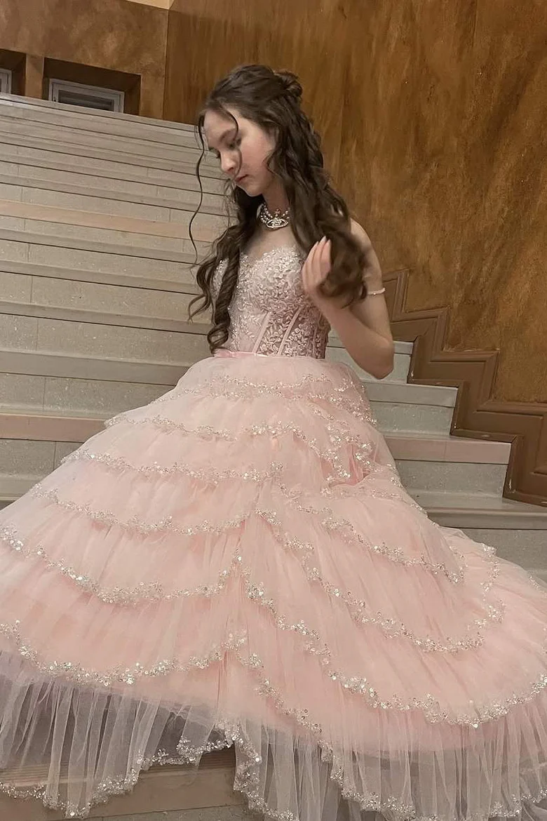 Pink Strapless Sweetheart Ruffles Empire-Waist Long Prom Dress