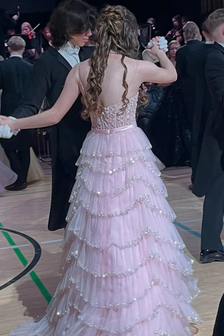 Pink Strapless Sweetheart Ruffles Empire-Waist Long Prom Dress