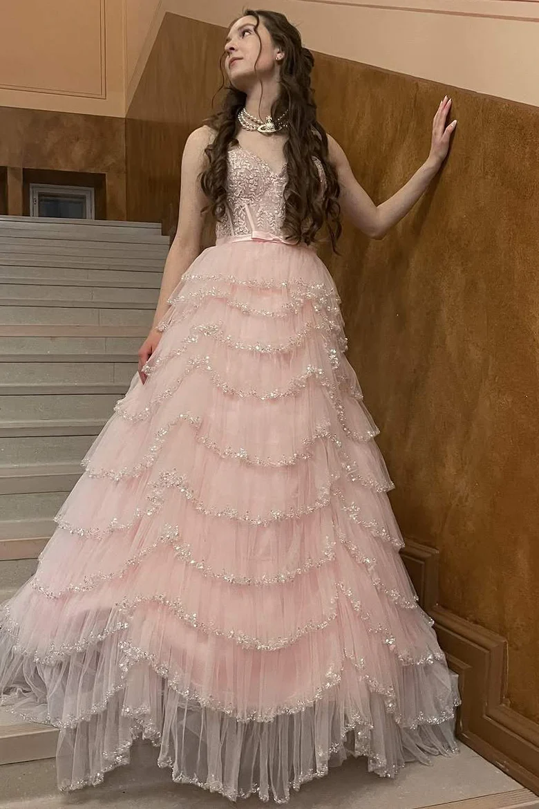 Pink Strapless Sweetheart Ruffles Empire-Waist Long Prom Dress