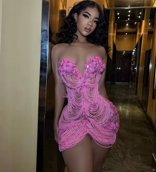 Pink Short Prom Dress for Girls 2025 Tassel Beading Birthday Dresses Mini Cocktail Party Outfits Customized