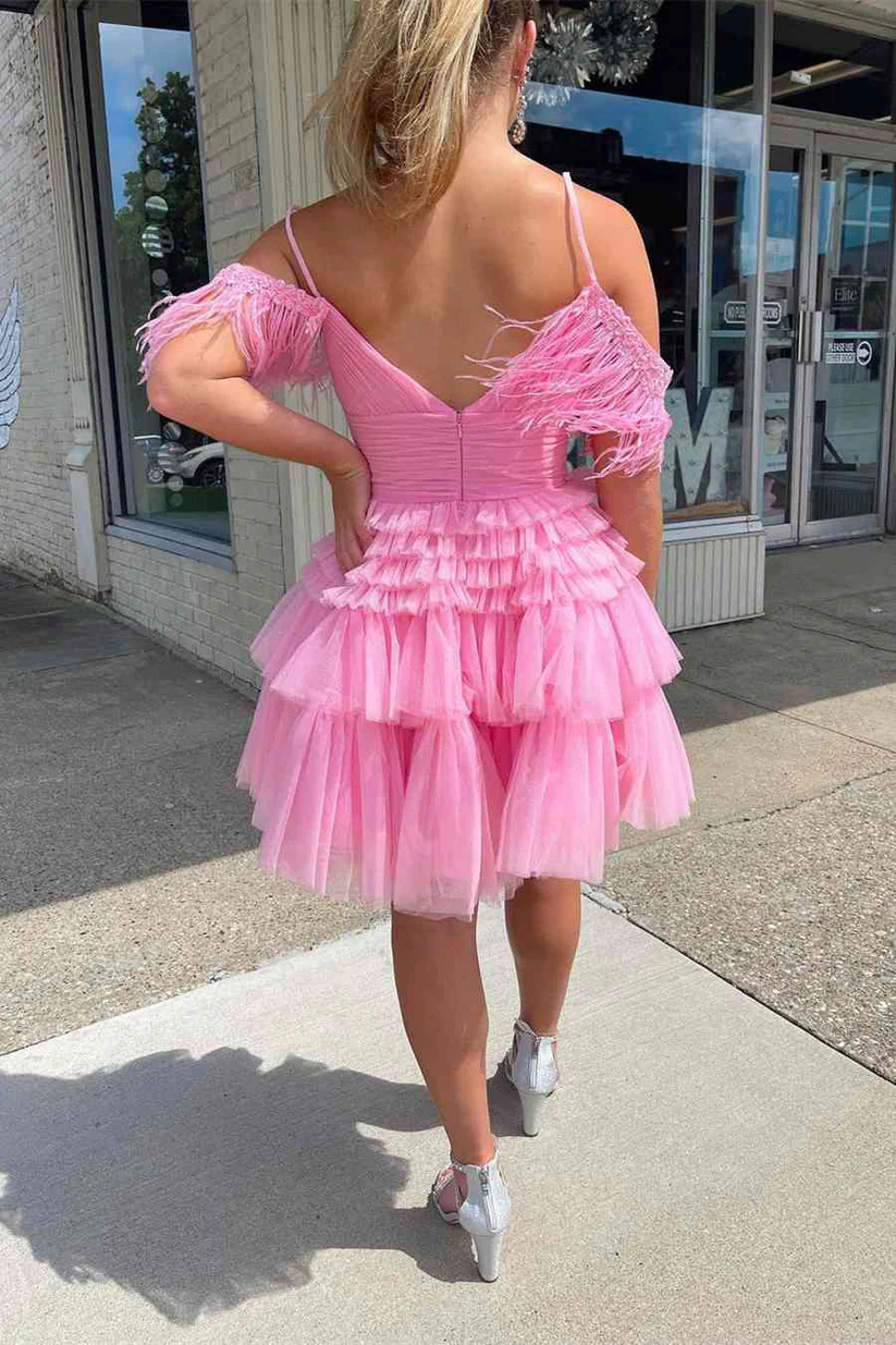Pleated Hot Pink Cold Sleeves Tiered Tulle Party Dress,Short Homecoming Dress