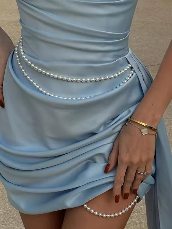 Pleated Pearl Chain Strapless Dress Waist Cinching Sexy Trailing Silk Satin Temperament Women Short Dresses Party Evening Gown