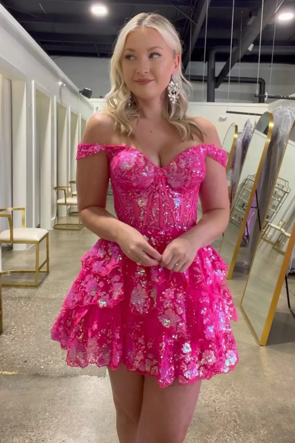 Pretty A-Line Off the Shoulder Hot Pink Sequin Lace Short Homecoming Dresses