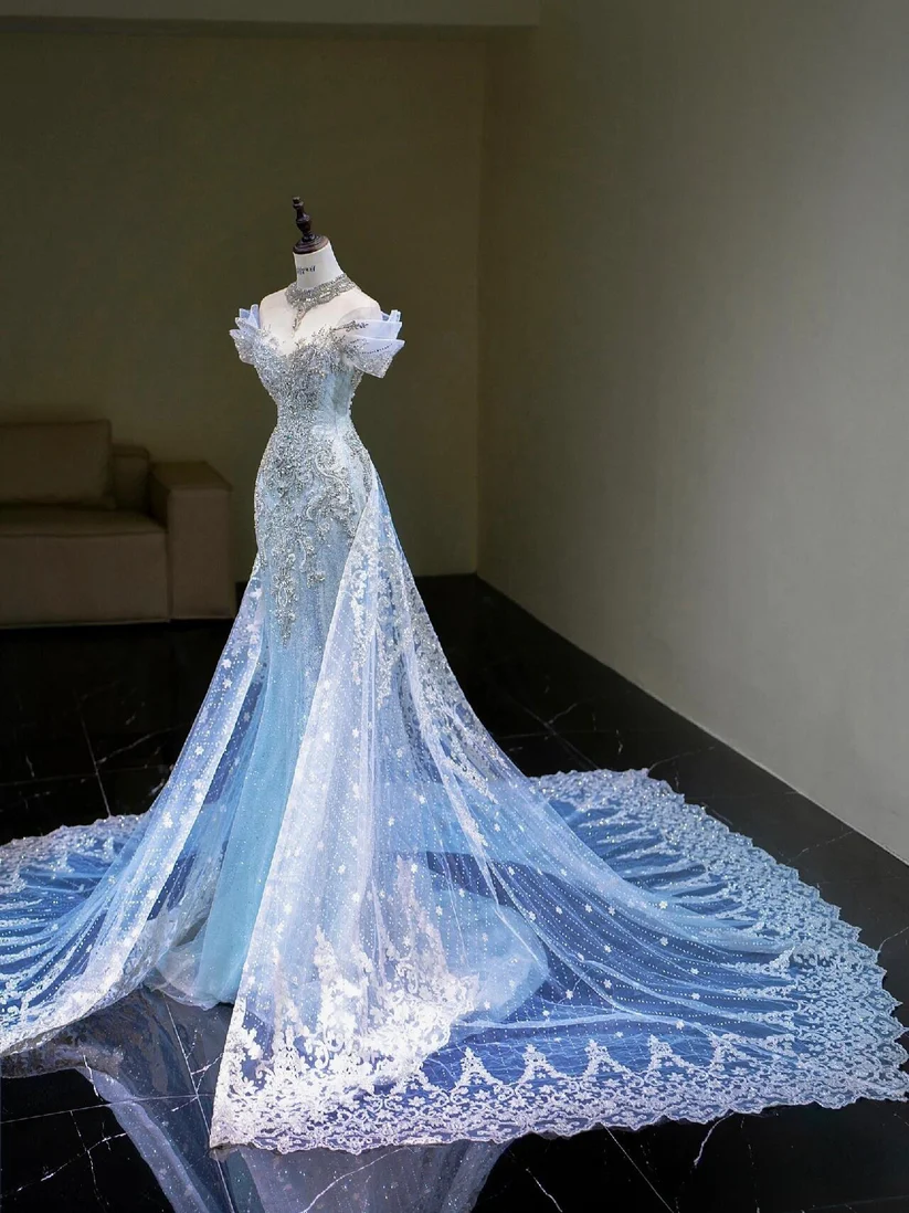 Pretty Mermaid Off The Shoulder Tulle Silver Beads Long Prom Dresses Formal Evening Dress