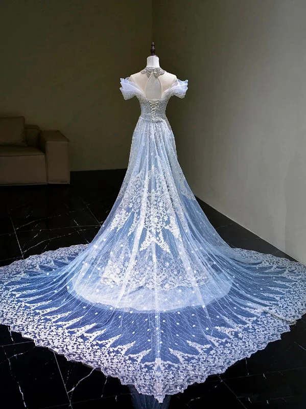 Pretty Mermaid Off The Shoulder Tulle Silver Beads Long Prom Dresses Formal Evening Dress