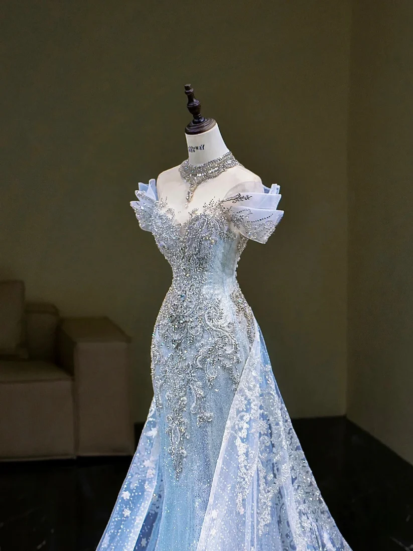 Pretty Mermaid Off The Shoulder Tulle Silver Beads Long Prom Dresses Formal Evening Dress