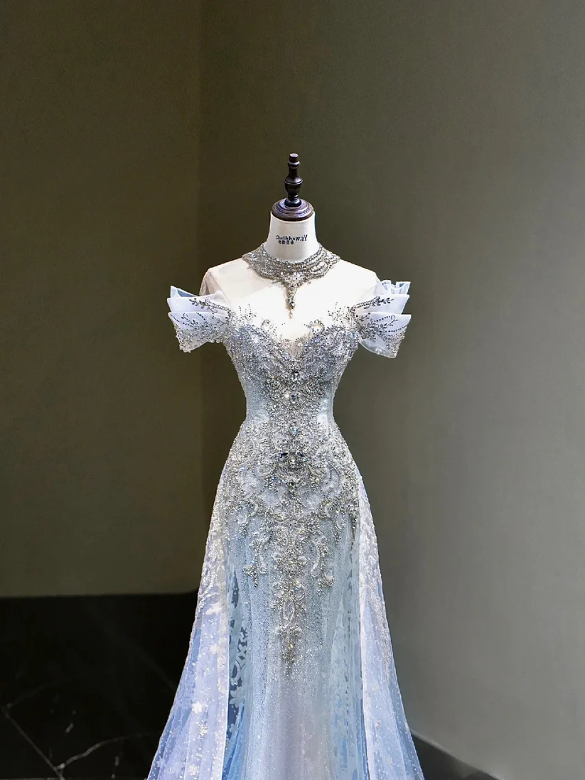 Pretty Mermaid Off The Shoulder Tulle Silver Beads Long Prom Dresses Formal Evening Dress