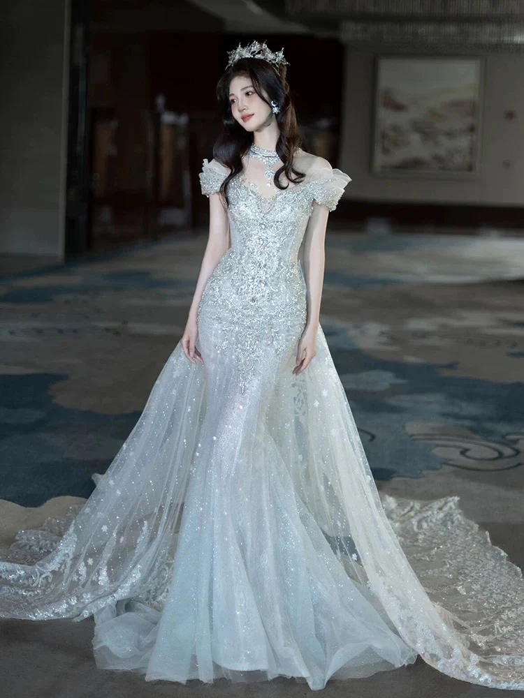 Pretty Mermaid Off The Shoulder Tulle Silver Beads Long Prom Dresses Formal Evening Dress