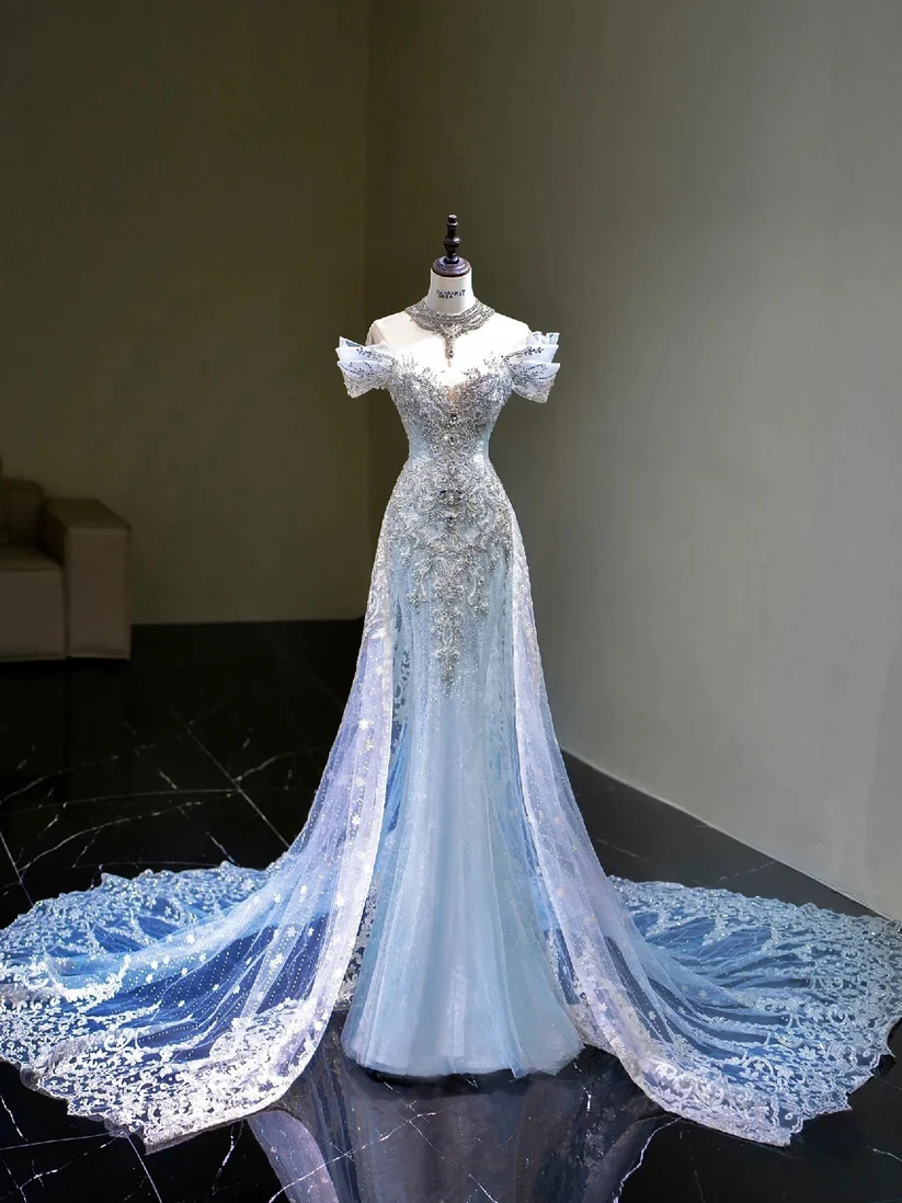 Pretty Mermaid Off The Shoulder Tulle Silver Beads Long Prom Dresses Formal Evening Dress