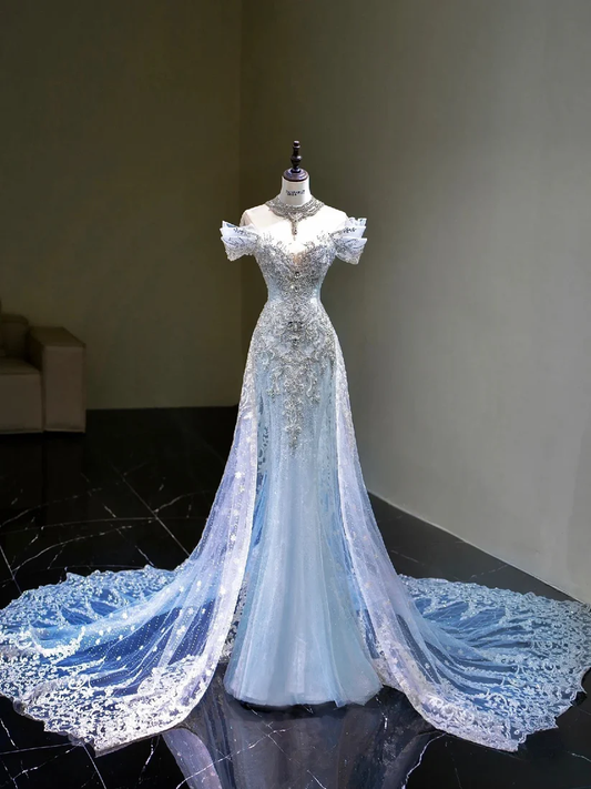 Pretty Mermaid Off The Shoulder Tulle Silver Beads Long Prom Dresses Formal Evening Dress