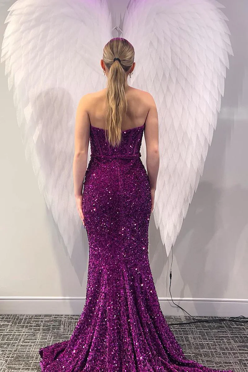 Purple Sequins Mermaid Long Prom Dresses with Slit
