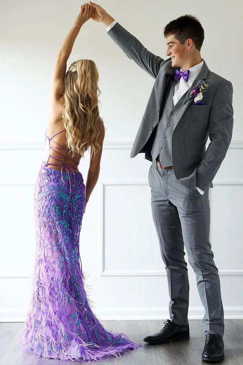 Purple Sequins V Neck Mermaid Long Prom Dresses with Feather