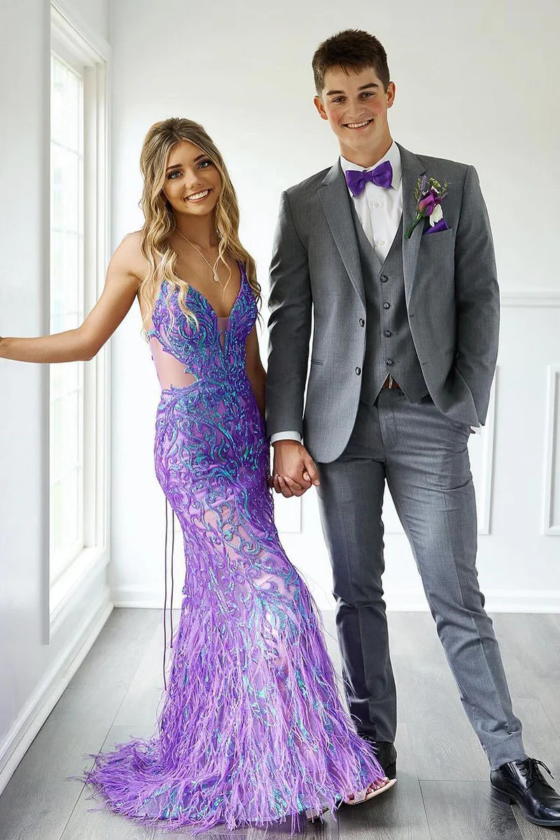 Purple Sequins V Neck Mermaid Long Prom Dresses with Feather
