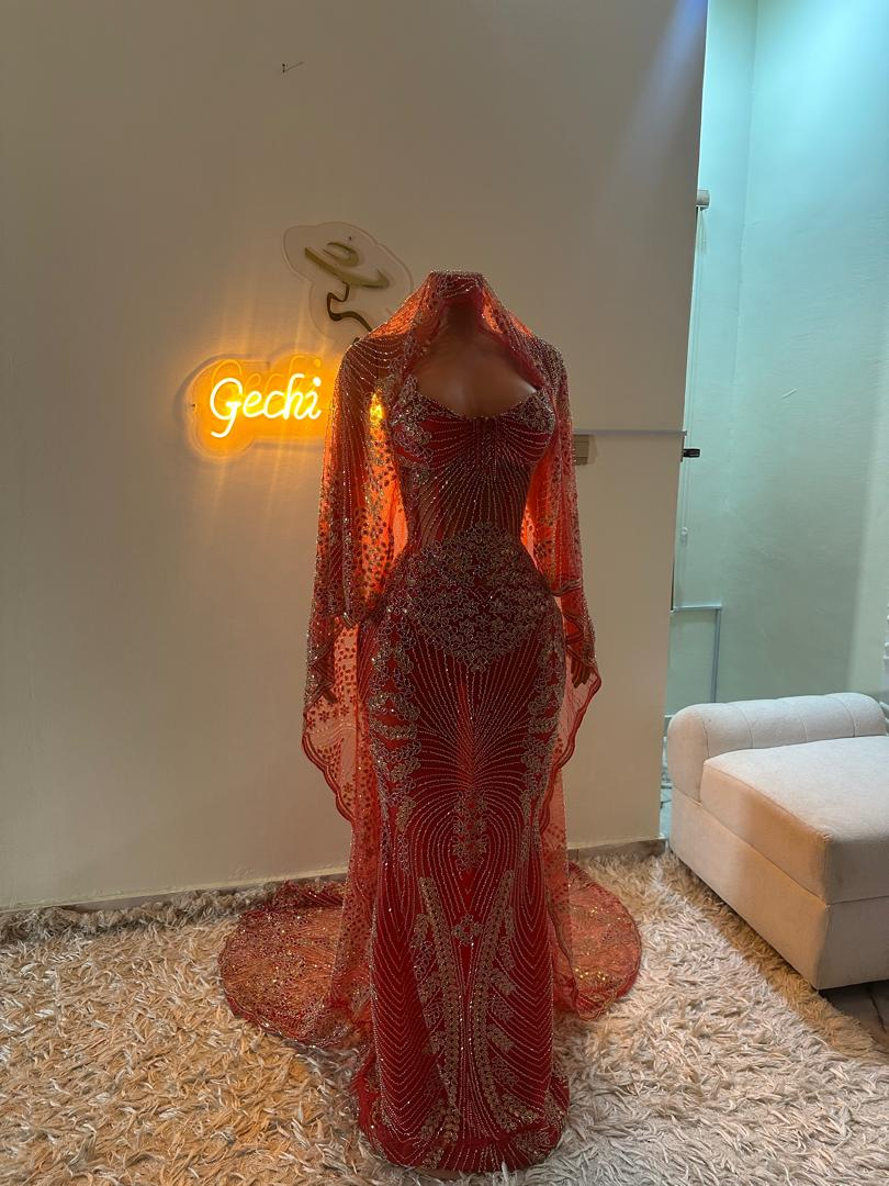 Red Mermaid Prom Dresses Long Formal Gown with Cape
