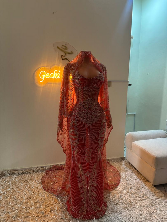 Red Mermaid Prom Dresses Long Formal Gown with Cape