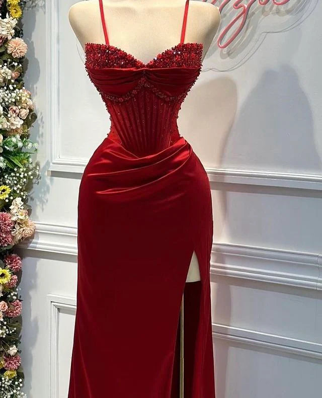 Red Fashion Elegant Exquisite Beaded Spaghetti Straps Long Sexy Slit Satin Ball Gown Evening Dress Party Dress