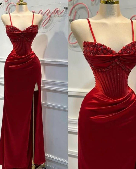 Red Fashion Elegant Exquisite Beaded Spaghetti Straps Long Sexy Slit Satin Ball Gown Evening Dress Party Dress