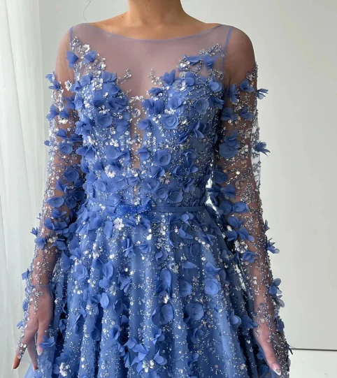 Romantic Deep V-Neck Long-Sleeves Pleated Sequined Floral Embellished Prom Dress