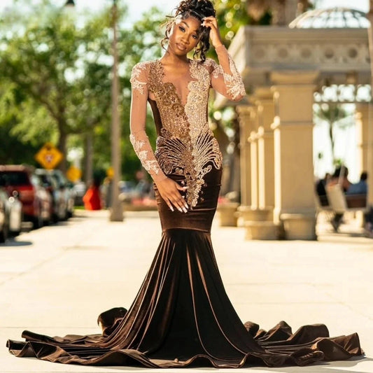 Luxury Velvet African American Long Prom Dresses For Black Girls Mermaid Long Sleeves Crystals Women Evening Gown Customized