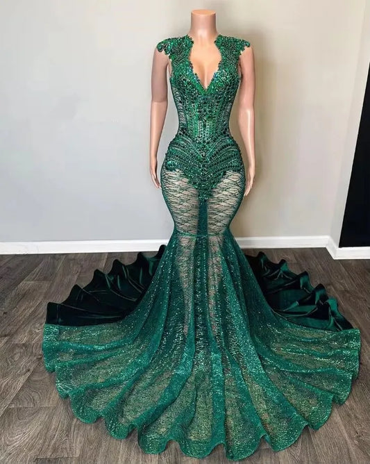 Emerald Green Trumpet Evening Dresses customsized Sparkly Diamond Crystal Black Girl Birthday Gown vestidos de gala mujer