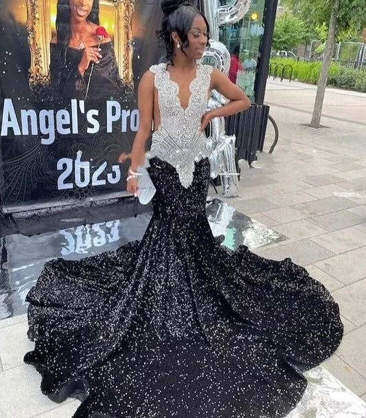 Sparkly African American Long Prom Dresses For Black Girls Mermaid Sheer Sequins Crystals Women Party Evening Gown Customized