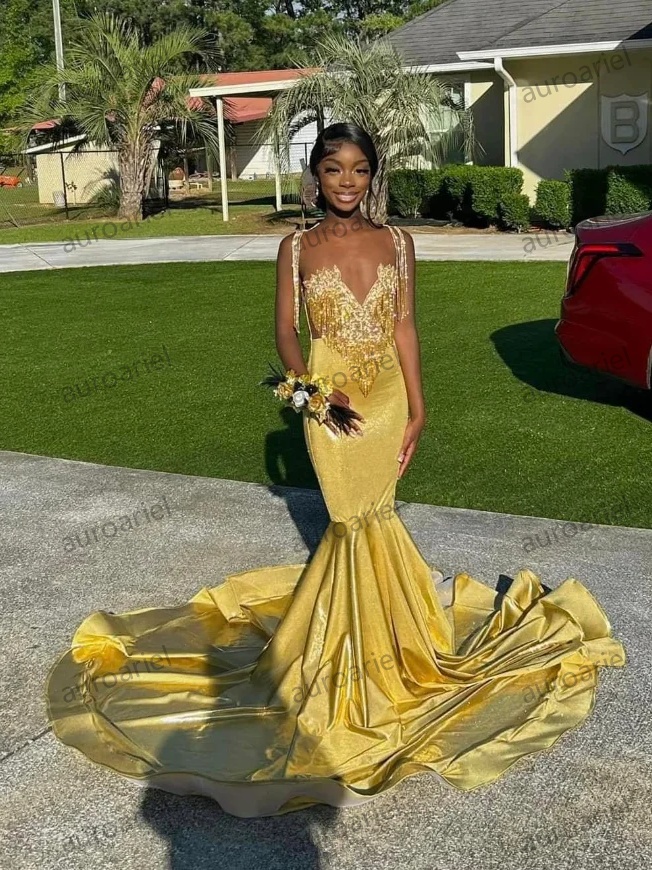 Gold High Luxury Cocktail Dresses New Black Girls Style Tassel Sequins Prom Dresses Sexy Glitter Gowns Party Dresses