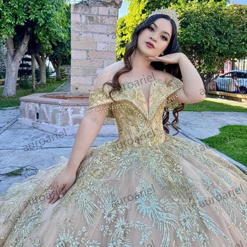 Champagne Shiny Ball Gown Quinceanera Dresses Sequin Gold Appliques Lace